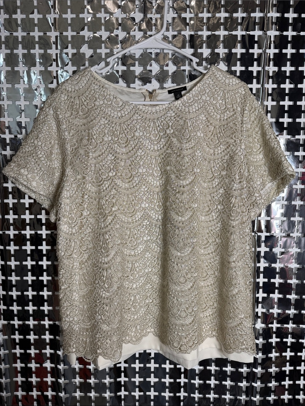 Ann Taylor Cream Metallic Lace Short Sleeve Top